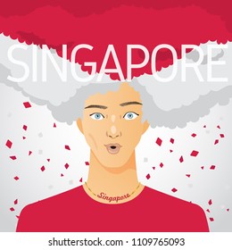 Surprised Man with National Flag in Afro Hair : Singapore : Vector Illustration