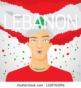 Surprised Man with National Flag in Afro Hair : Lebanon : Vector Illustration