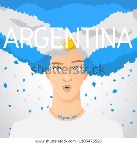 Surprised Man with National Flag in Afro Hair : Argentina : Vector Illustration