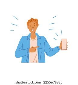 Surprised man points his finger at mobile phone, flat vector illustration isolated on white background. screen. Surprise unexpected gift or news concept.