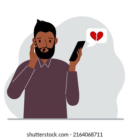 Surprised man reading a message on his mobile phone. Message with a broken red heart. Vector