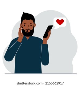 Surprised man reads a message on his mobile phone. Message with red heart. Vector flat illustration