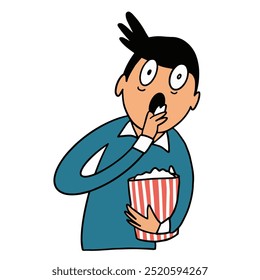 A surprised man with a shocked expression holding a bucket of popcorn, perfect for movie-related themes