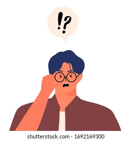 Surprised man staring at camera through glasses. surprising news concept and Speech bubble above question marks and exclamation marks cartoon style flat vector design human character illustration