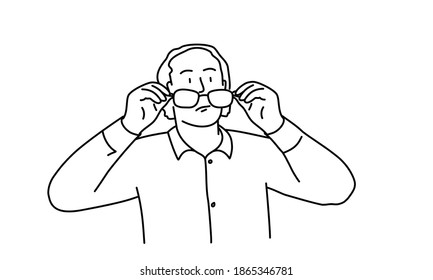 Un hombre sorprendido se quita sus lentes. Ilustración vectorial dibujada a mano.