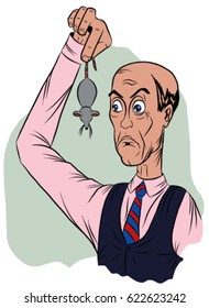 Surprised man in a tie, holds the tail of a mouse
