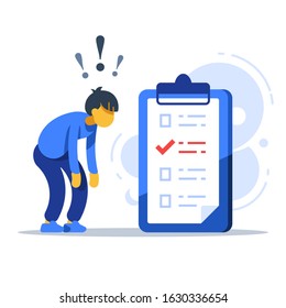 Surprised man, to-do list, checklist assignment, task management, procrastination concept, low test score, vector flat illustration