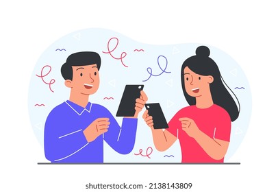 Surprised man and woman. Guy and girl read news in smartphones. Graphic elements for website, poster or banner. Modern technologies and digital world, social media. Cartoon flat vector illustration