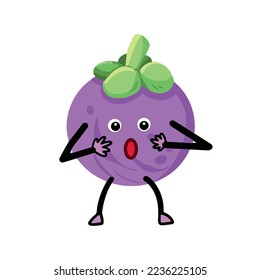 Surprised mangosteen purple fruit vector character mascot illustration isolated on plain light pink background. Cartoon flat art styled artwork cute and kawaii themed drawing.