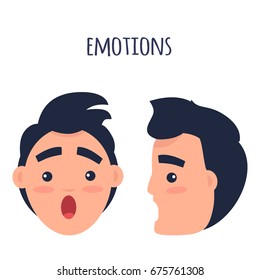 Surprised Men emotions concept. Brunette male face in full face and profile with confused facial expression flat vector isolated on white. Scared or shocked man portrait for icon, avatar illustration