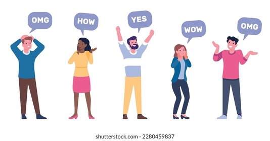 Surprised men and women say wow. People expressions. Omg and how sayings. Girls and guys with speech bubbles. Wondering males and females. Vector persons communication