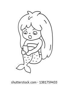 Surprised mermaid with a phone in her hands. Cute cartoon character for emoji, sticker, pin, patch, badge. Vector outline illustration.