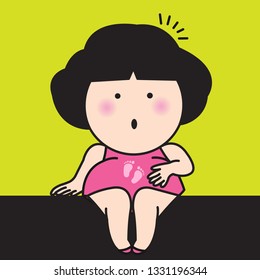 A Surprised Mom To Be Feeling A Baby's Footprint In Her Stomach. Pregnancy, Motherhood, Expectation. Pregnant Woman Touching Her Tummy With Kicking Baby Footprint Concept Card Character illustration