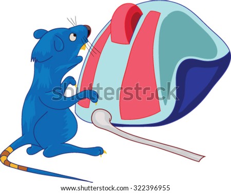 Surprised mouse stands near a computer mouse, vector