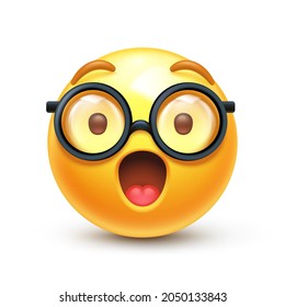 Surprised Nerd emoji. Excited emoticon with eyeglasses, intelligent and enthusiastic vector icon
