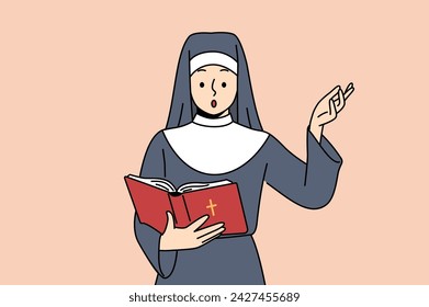 Surprised nun reads bible or old testament and raises hand in surprise after learning history of emergence christianity. Shocked female church minister holding bible book, seeing lines needing change