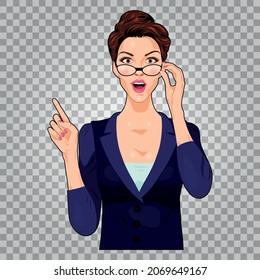 Sorprendida dama de oficina quitándose las gafas y muestra algo con la mano. Pop Art. Pin-Up. Vector. Aislado