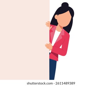 Surprised Office Woman Peeping from Wall Modern Flat Style.
