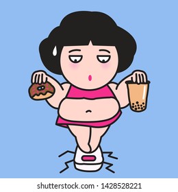 Surprised Overweight Fat Girl On A Scale With Treats in Both Hands. Ground Cracking Under Obese Woman Standing On Scale Concept Card Character illustration