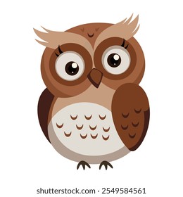 Surprised Owl Illustration. Flat vector of a cute forest owl with a surprised expression. Perfect for children’s designs and nature-themed projects.

