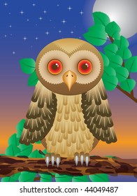 Surprised Owl sitting on branch in night, vector additional