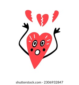 Surprised panic heart character with shocked facial expression and brocked hearts.