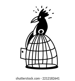The surprised parrot is sitting on a cage. Freedom. A hand-drawn character. Caricature. Vector doodle illustration