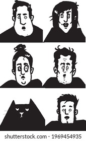 Surprised people and cat vector illustration set