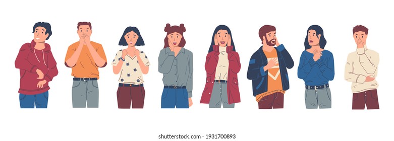 Surprised people. Excited and wondered cartoon characters with raised hands and happy faces. Young men and women feeling astonishment. Isolated amazed persons set standing in row. Vector expression