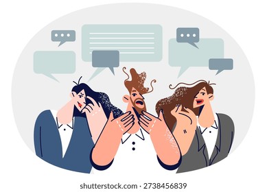 Surprised people feel joy or panic having heard new gossip standing near dialogue clouds of different sizes. Gossip causes various emotions in office workers spreading rumors during working hours
