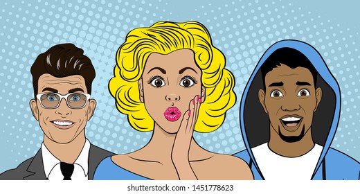 Surprised people in Pop Art Style. Amazed happy men and women. Human emotions. Sale. Wow faces. Vector illustration in comic style