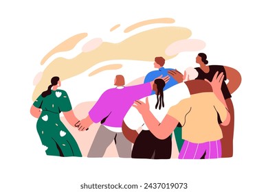 Surprised people watching wonder, miracle. Amazed shocked crowd looking at phenomenon in amazement, awe, fear of new. Fantasy concept. Flat graphic vector illustration isolated on white background