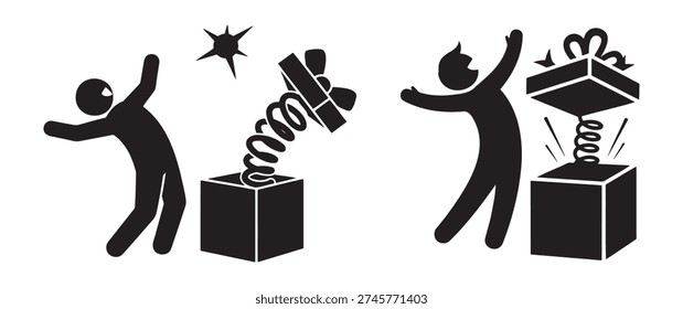 Surprised person opening a spring loaded jack in the box gift prank box illustration.