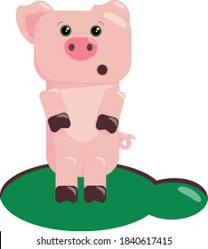 
Surprised pink pig is standing in a puddle