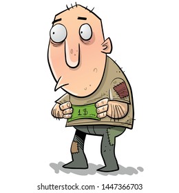Surprised poor guy holding one dollar bill
