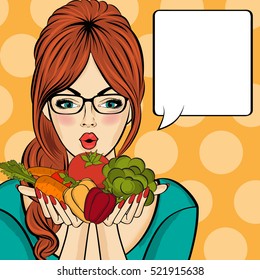 Surprised pop art  woman that holds vegetables  in her hands . Comic woman with speech bubble and healthy food. Vector image.