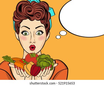 Surprised pop art  woman that holds vegetables  in her hands . Comic woman with speech bubble and healthy food. Vector image.