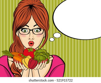 Surprised pop art  woman that holds vegetables  in her hands . Comic woman with speech bubble and healthy food. Vector image.