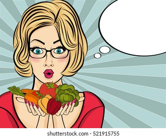 Surprised pop art  woman that holds vegetables  in her hands . Comic woman with speech bubble and healthy food. Vector image.