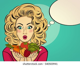 Surprised pop art  woman that holds vegetables  in her hands . Comic woman with speech bubble and healty food