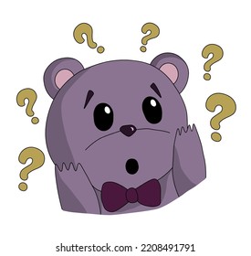 Surprised purple teddy bear with a crimson bow surrounded by question marks. Emotion expression concept. Vector illustration on a white background