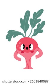 Personagem de rabanete surpreso, fazendo uma pose divertida com as mãos nos quadris, mostrando uma expressão engraçada e olhos grandes e expressivos, colocados contra um fundo branco limpo