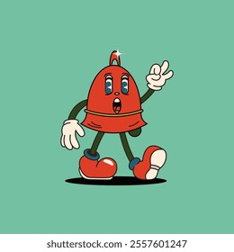 A surprised red bell character with arms and legs, wearing red shoes and giving an okay sign. Perfect for fun, playful designs related to sound, alerts, and notifications.