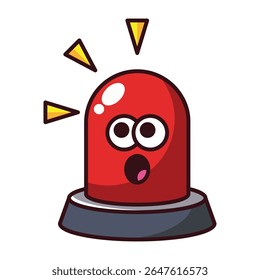 Surprised red cartoon siren character with flashing lights isolated on white background.