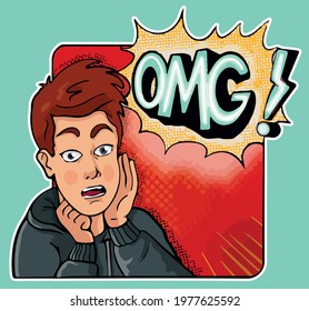 surprised red haired boy in hoodie in retro stile vector illustration sticker