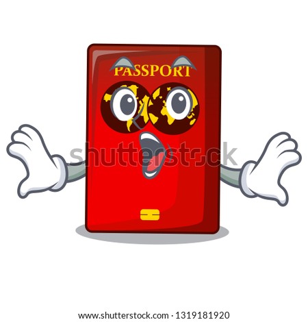 Surprised red passport on the mascot table