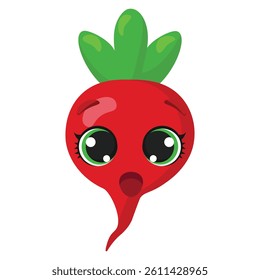 Surprised red radish with big shiny eyes and green leaves Fun vegetable character for healthy food illustrations, kids' projects, or agricultural visuals