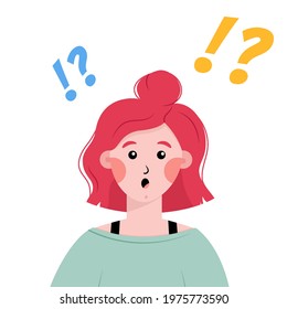 Surprised redhead girl with exclamation and question marks above her head. Shocked woman. Vector illustration in flat style.
