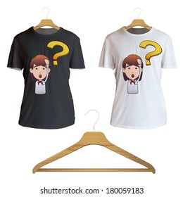 Surprised redhead girl holding printed on shirt. Vector design.