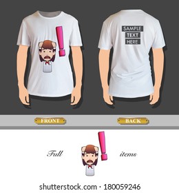 Surprised redhead girl holding printed on shirt. Vector design.